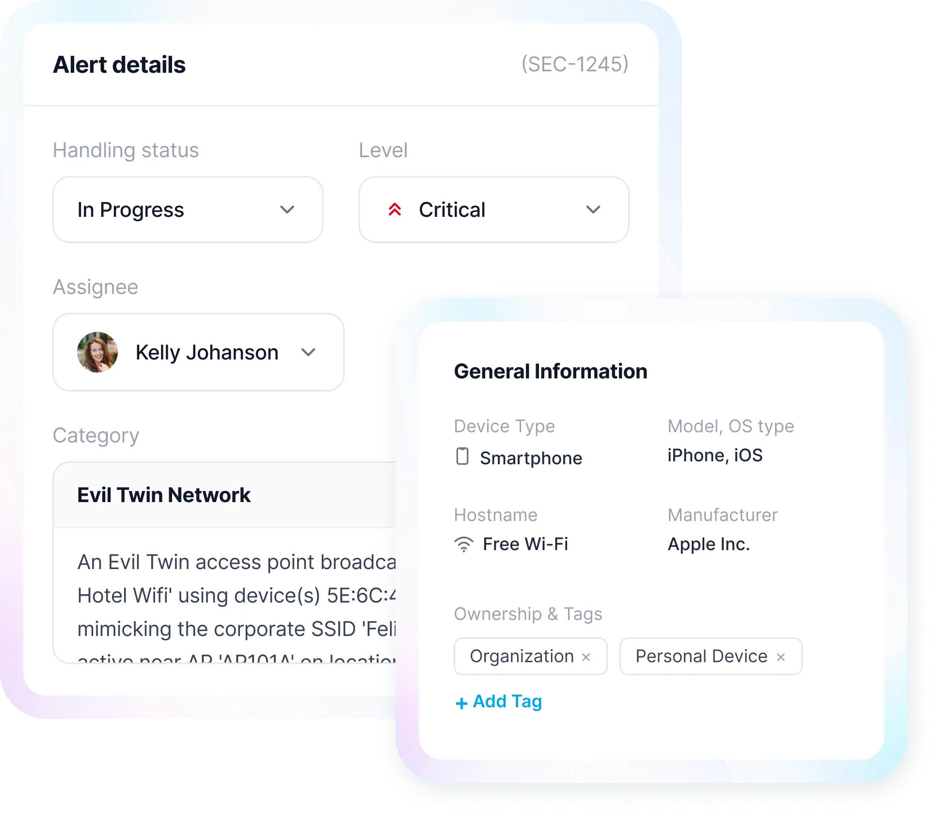 Device information with security alerts